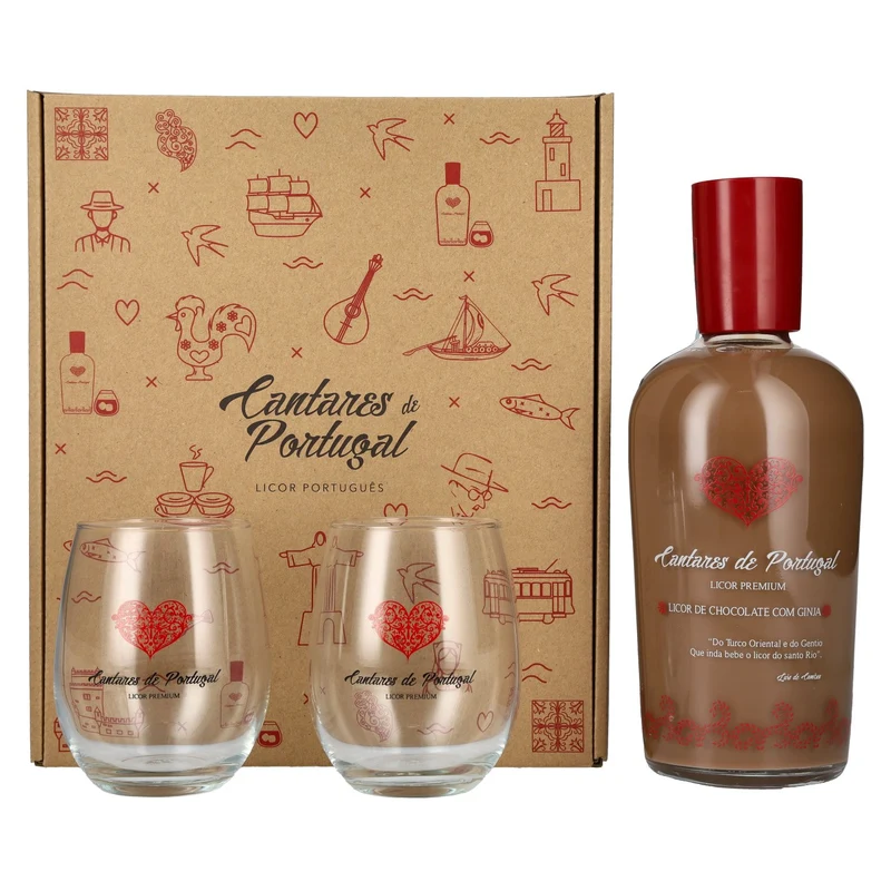 Cantares de Portugal Licor de Chocolate com Ginia 15% Vol. 0,7l in Geschenkbox mit 2 Gläsern
