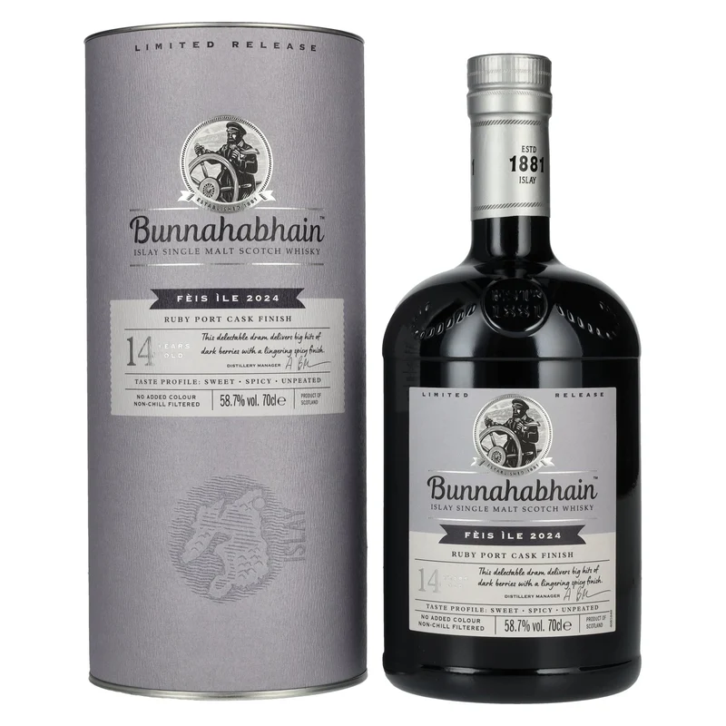 Bunnahabhain 14 Years Old RUBY PORT CASK Matured Limited Release Fèis Ìle 2024 58,7% Vol. 0,7l in Geschenkbox