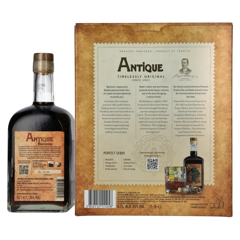 Badel Antique Pelinkovac Premium Herbal Liqueur 35% Vol. 0,7l in Geschenkbox mit 2 Gläsern