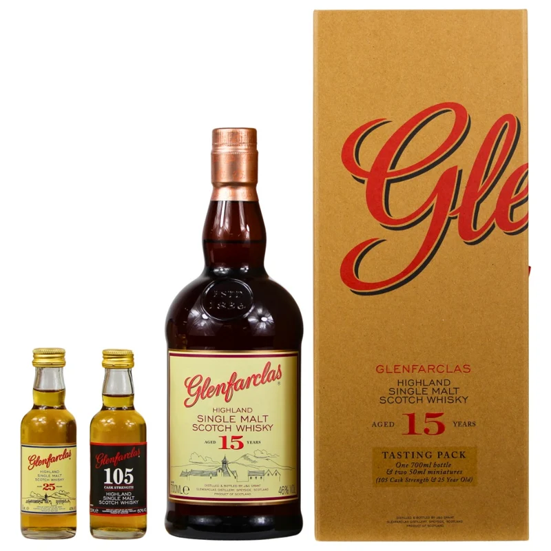 Glenfarclas 15 Jahre 46% 0,7l + 25 Jahre & 105 Cask Strength Miniatur